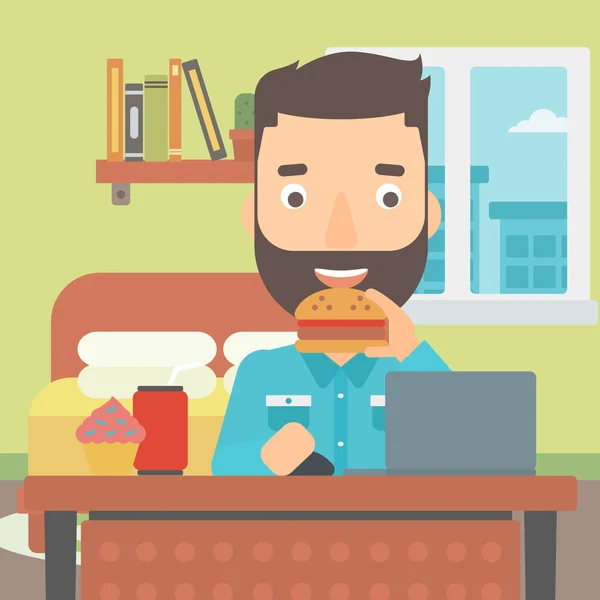 Hombre comiendo hamburguesa . — Vector de stock