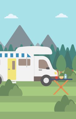 Kamyonet ve karavan ormanın içinde arka plan.