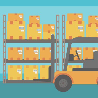 Ambar içinde forklift kamyon ve karton kutularının arka plan.