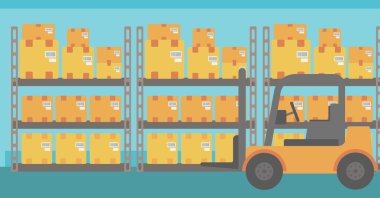 Ambar içinde forklift kamyon ve karton kutularının arka plan.