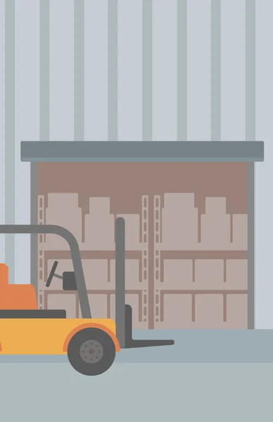 Achtergrond van de vorkheftruck vakken van de vrachtwagen en karton in magazijn. — Stockvector