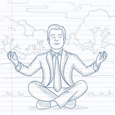 Lotus pozisyonunda meditasyon yapan iş adamı..