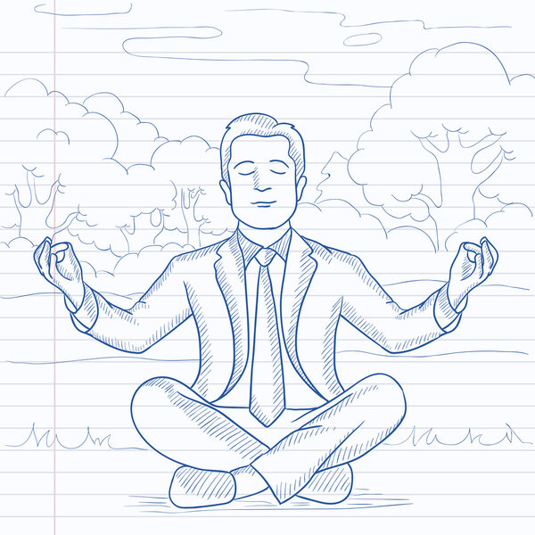 Businessman meditating in lotus pose.