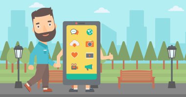 Smartphone ile yürüyen adam.