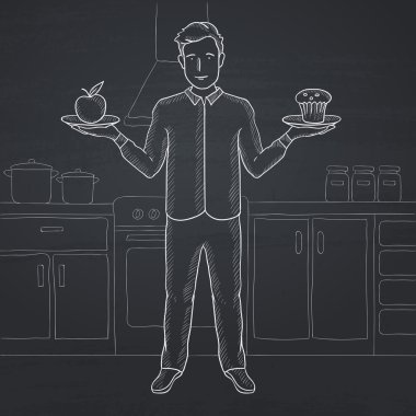 Man with apple and cake.