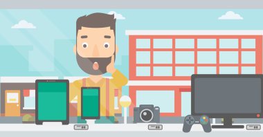 Dükkanı penceresine bakarak adam.