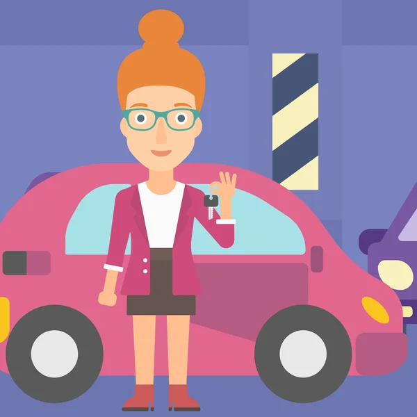 Femme tenant les clés de la nouvelle voiture . — Image vectorielle