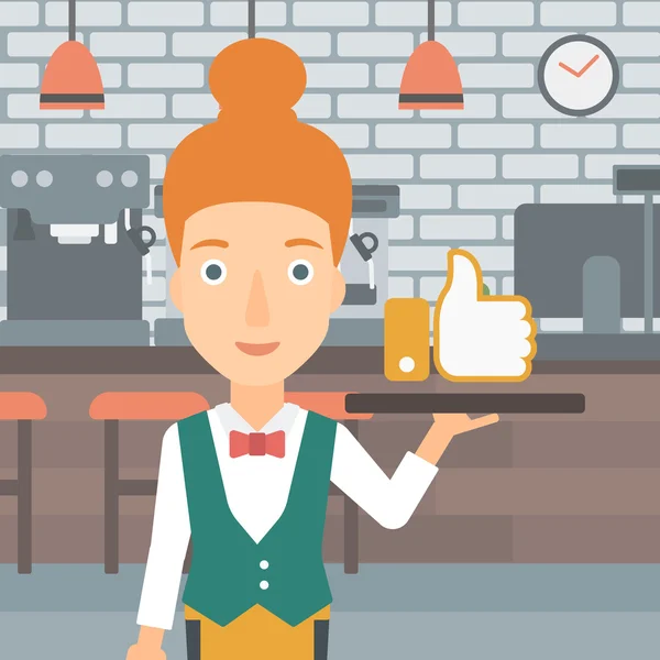 Waitress with like button. — Stockvector