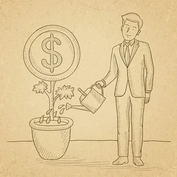 Man watering money flower. — Stock Vector