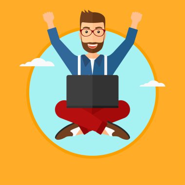 Man sitting on cloud with laptop.
