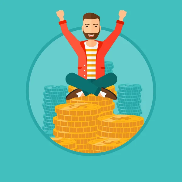 Feliz hombre de negocios sentado en monedas. — Vector de stock