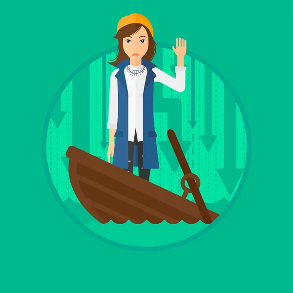Business woman standing in sinking boat. — Stock Vector