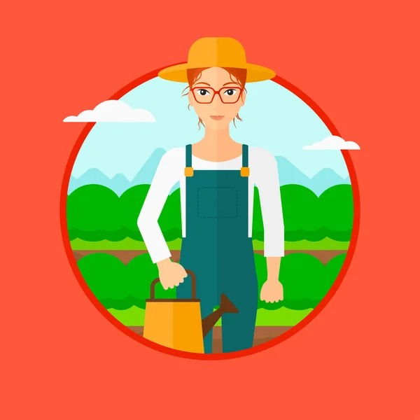 Farmer with watering can at cabbage field. — Stock Vector