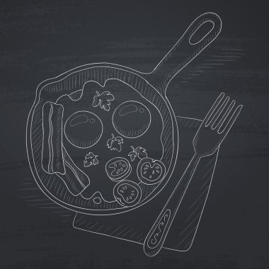 Fried eggs with bacon on frying pan. vector Fried eggs with bacon on frying pan. vector