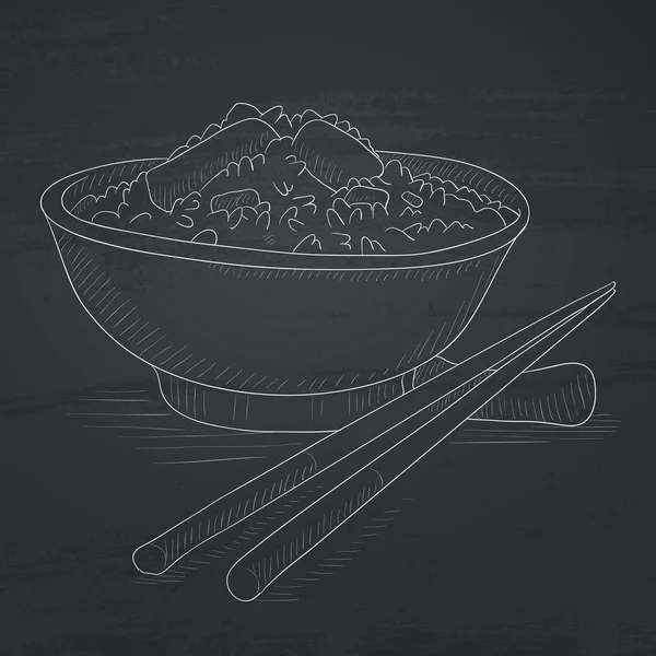 Kom van gekookte rijst met stokjes. — Stockvector