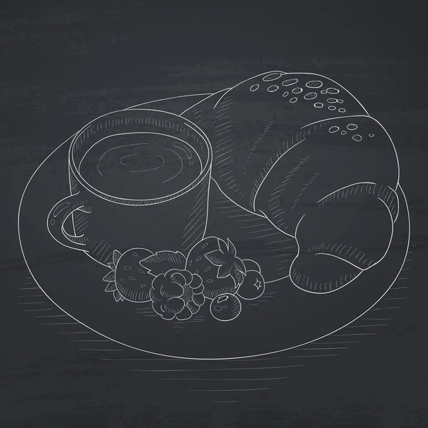 Завтрак с кофе, круассаном и ягодами . — стоковый вектор