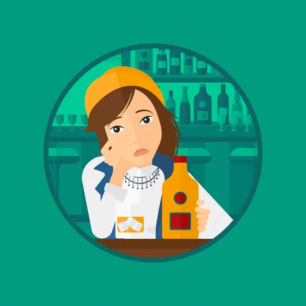 Mujer triste bebiendo alcohol . — Vector de stock