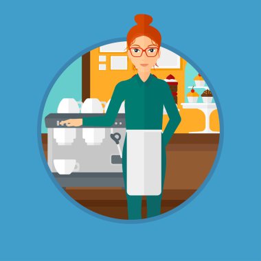 Barista ayakta yakınındaki kahve makinesi.