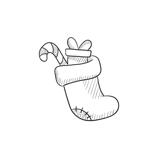 Weihnachtsstiefel mit Geschenk und Süßigkeiten-Sketch-Symbol. — Stockvektor