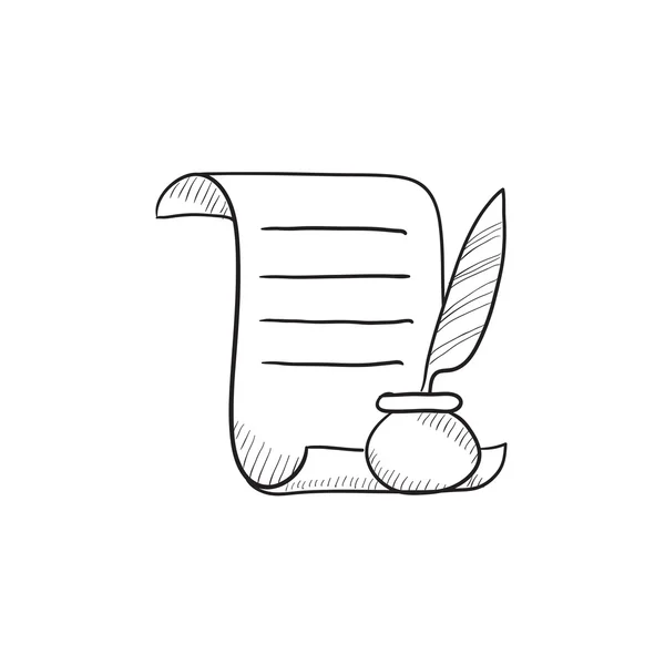 Papper rulla med fjäder penna skiss ikon. — Stock vektor