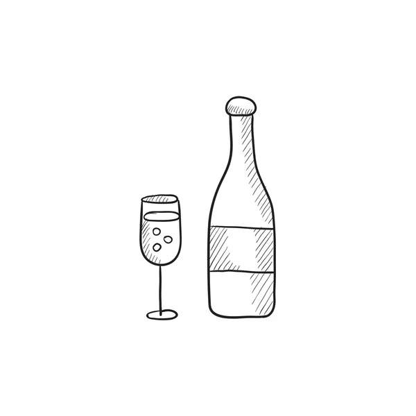 Flaska champaign och glas skiss ikon. — Stock vektor