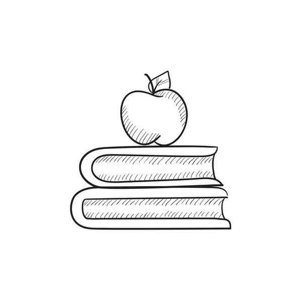 Bücher und Apfel oben auf dem Skizzensymbol. — Stockvektor