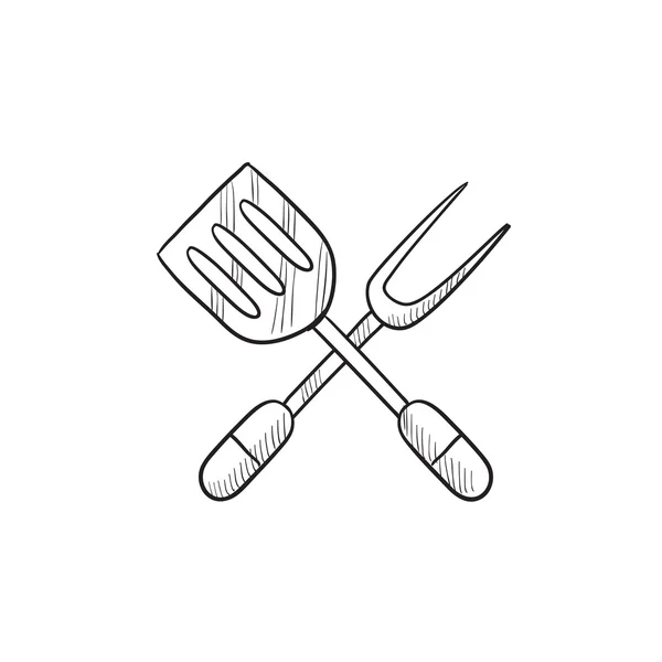 Kitchen spatula and big fork sketch icon. — Stock Vector