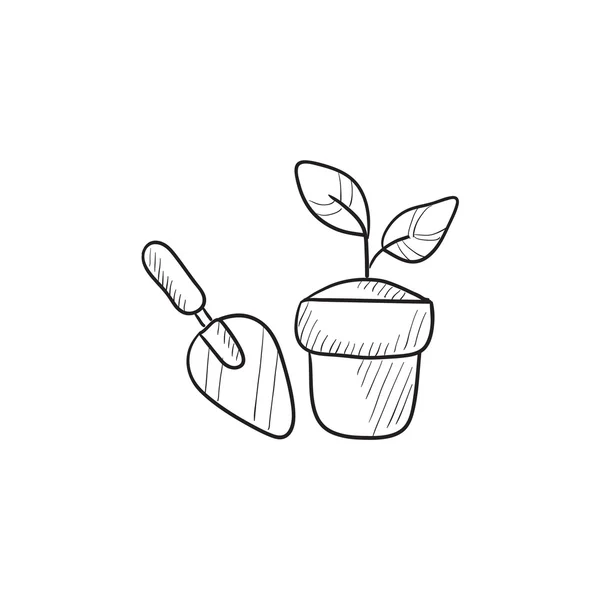Truelle de jardin et pot avec icône de croquis de plantes . — Image vectorielle