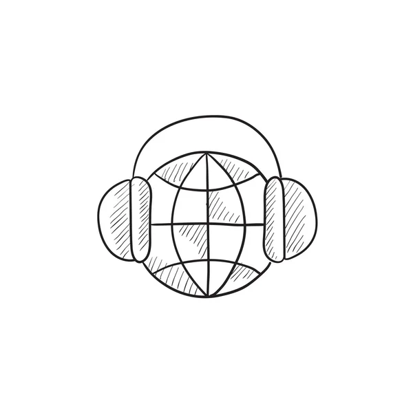 Globe in hoofdtelefoons schets pictogram. — Stockvector