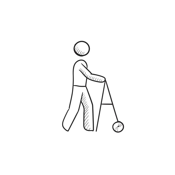 Man met walker schets pictogram. — Stockvector