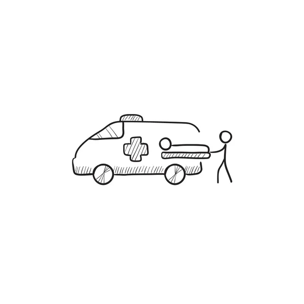 Homem com paciente e ícone de esboço de carro de ambulância —  Vetores de Stock