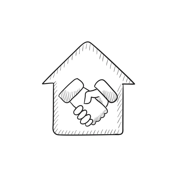 Handdruk en huis schets-pictogram. — Stockvector