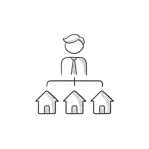 Makelaar met drie huizen schets pictogram. — Stockvector