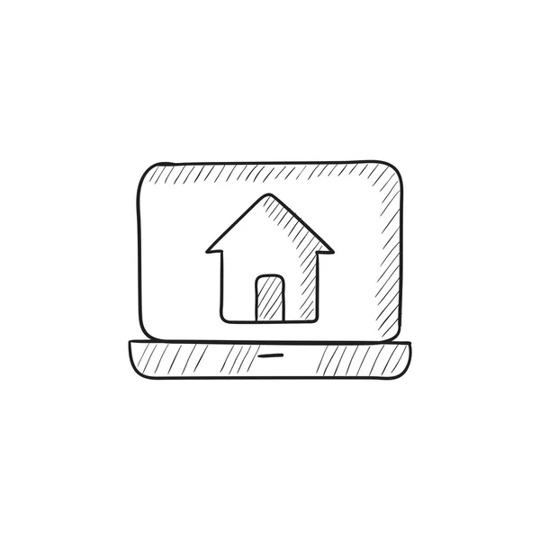 Laptop met woning op het pictogram van de schets van het scherm. — Stockvector