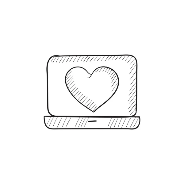 Laptop med hjärta på skärmen skiss ikon. — Stock vektor