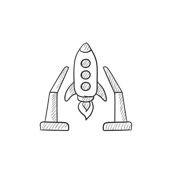 Transbordador espacial en el icono de boceto de área de despegue . — Vector de stock