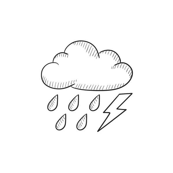 Cloud with rain and lightning bolt sketch icon. — Stock Vector