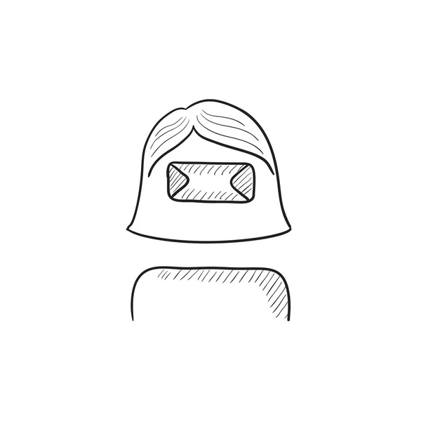 Mujer con casco de realidad virtual icono del boceto . — Vector de stock