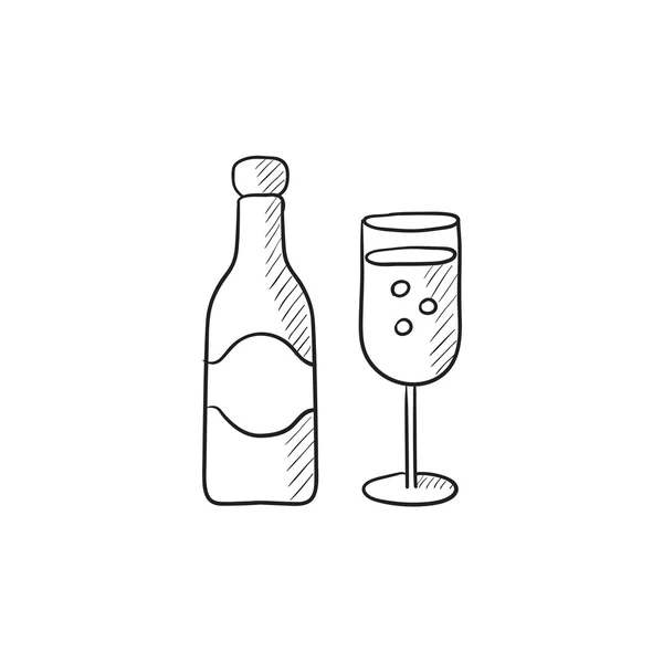 Champagne bottle and two glasses sketch icon. — Stock Vector