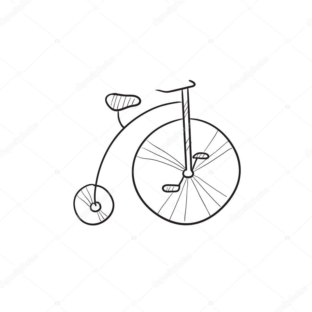 Old bicycle with big wheel sketch icon