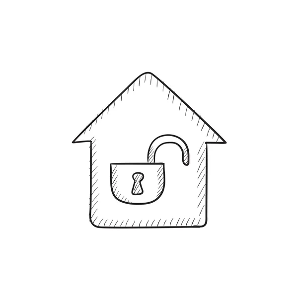 House with open lock sketch icon. — Stock Vector