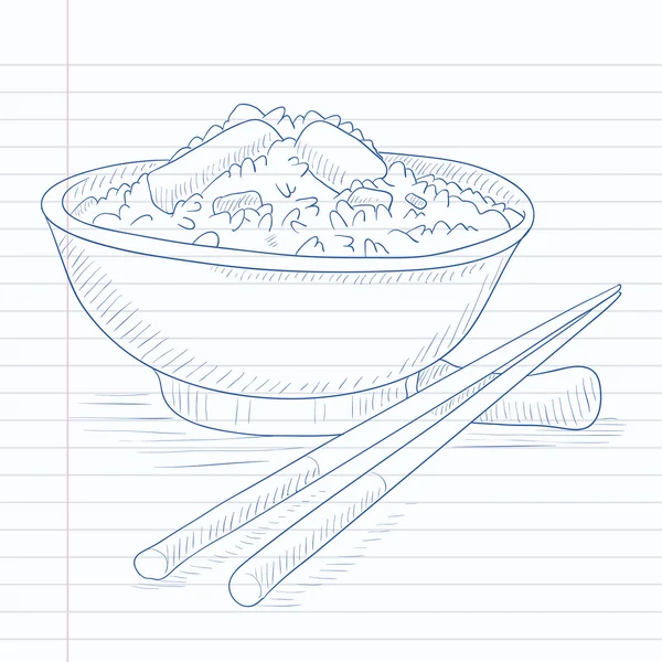 Чаша вареного риса с палочками для еды . — стоковый вектор