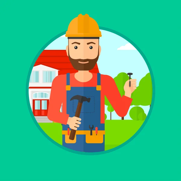 Cheerful builder with hammer. — Stock Vector