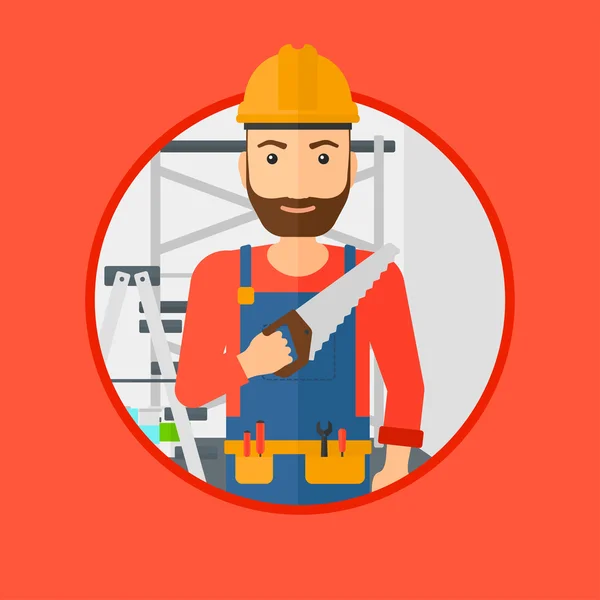 Trabajador sonriente con sierra . — Vector de stock