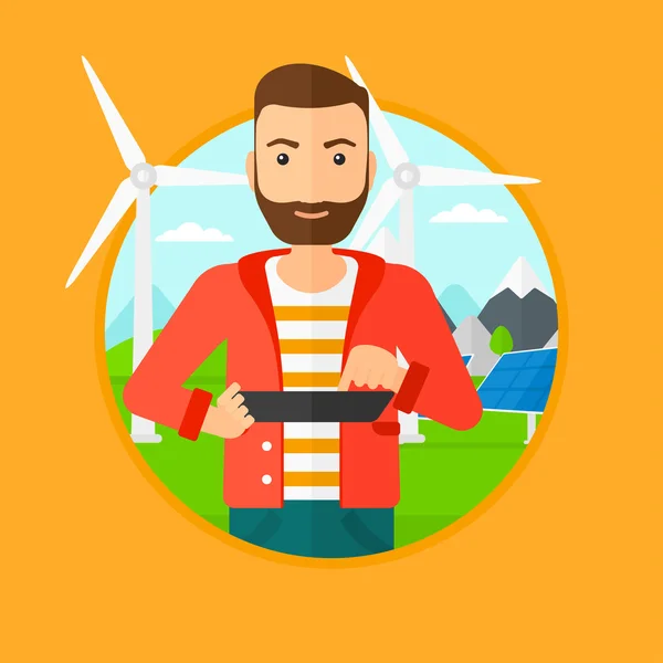 Male worker of solar power plant and wind farm. — Stock Vector