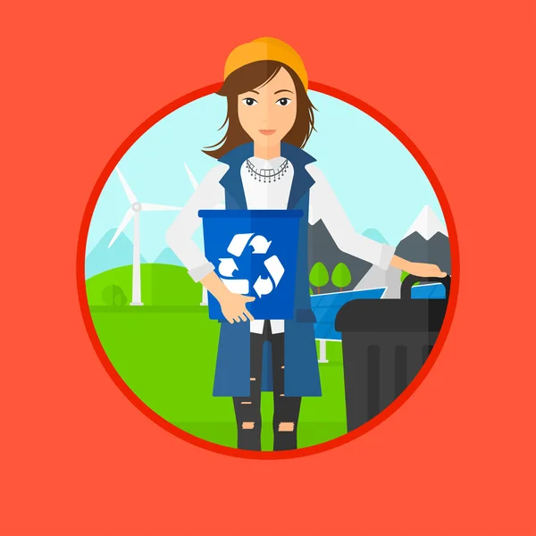 Woman with recycle bin and trash can. — Stock Vector