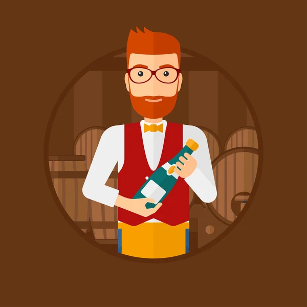 Ober holding fles in de wijnkelder. — Stockvector
