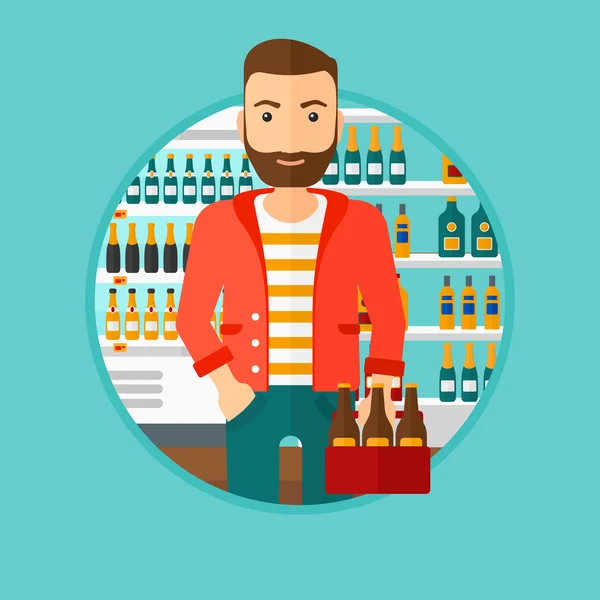 Ο άνθρωπος με το πακέτο της μπύρας σε σούπερ μάρκετ. — Διανυσματικό Αρχείο