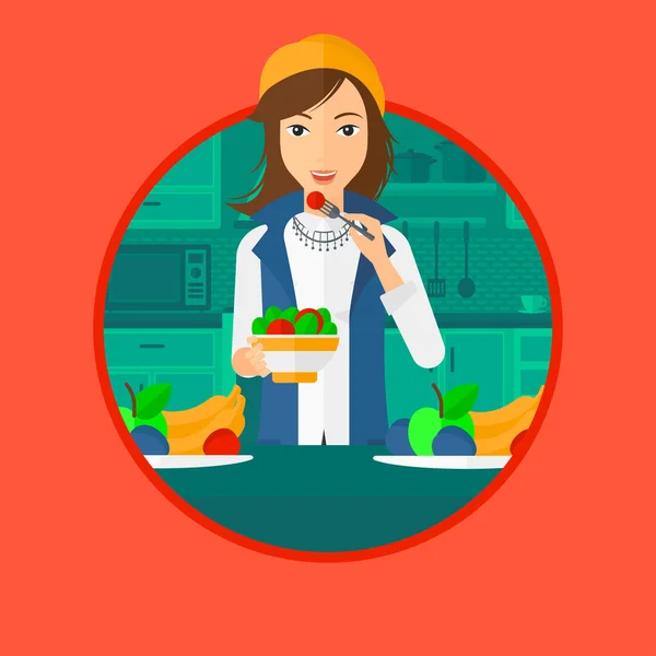 Женщина ест здоровый овощной салат . — стоковый вектор