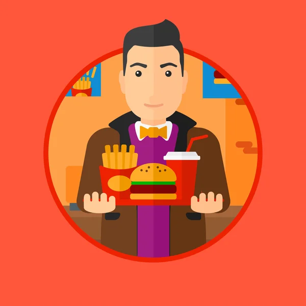 Man with tray full of fast food. — Stock Vector